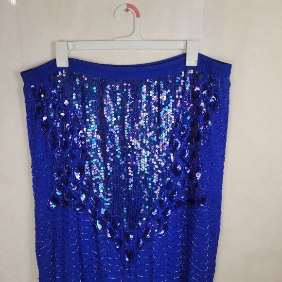 Vintage womens blue silk beaded sequined flapper fringe midi skirt Size L Flawed - Picture 4 of 8